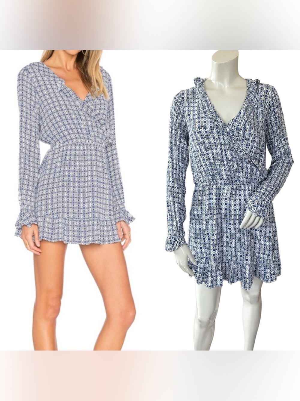 Revolve Tularosa Charleston Euro Summer Blue White Ruffle Long Sleeve Mini Dress